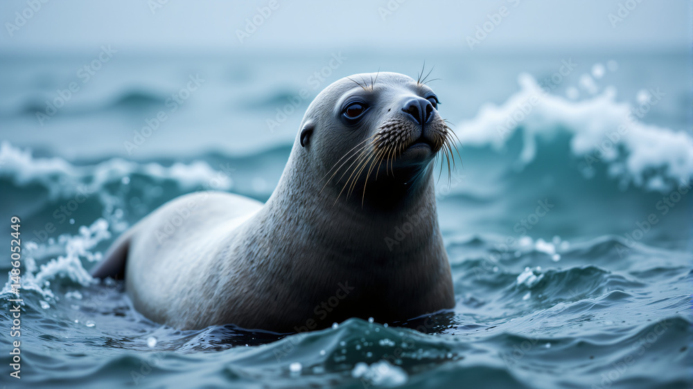 Fototapeta premium Adorable Sea Otter Swimming in Ocean Waves