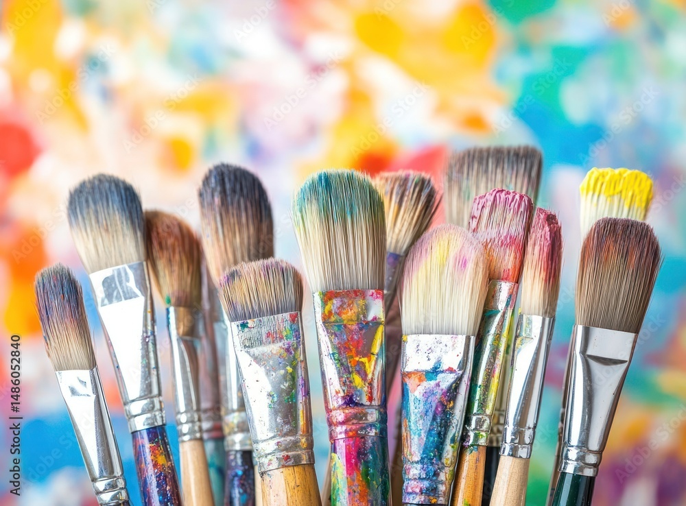 Fototapeta premium Colorful paintbrushes with various bristle types and paint splatters against a vibrant abstract background.