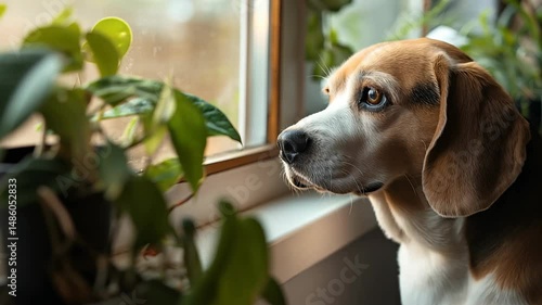 Close-up of a beagle dog sitting by the window, looking outside with a calm and thoughtful expression. Surrounded by green houseplants, the warm indoor light