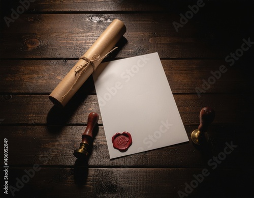 foglio bianco appoggiato ad un vecchio tavolo di legno con in calce a destra un timbro in ceralacca rossa.