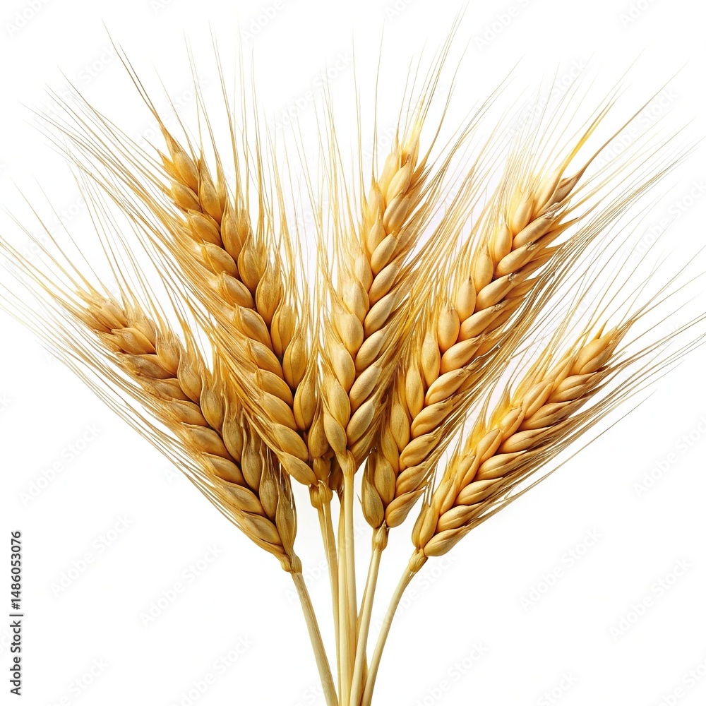 Fototapeta premium Golden wheat stalks on white background: agriculture, harvest, grain, and cereal stock photos