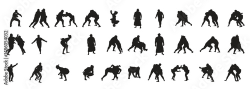 Set of Black Silhouettes of Sumo Fighters