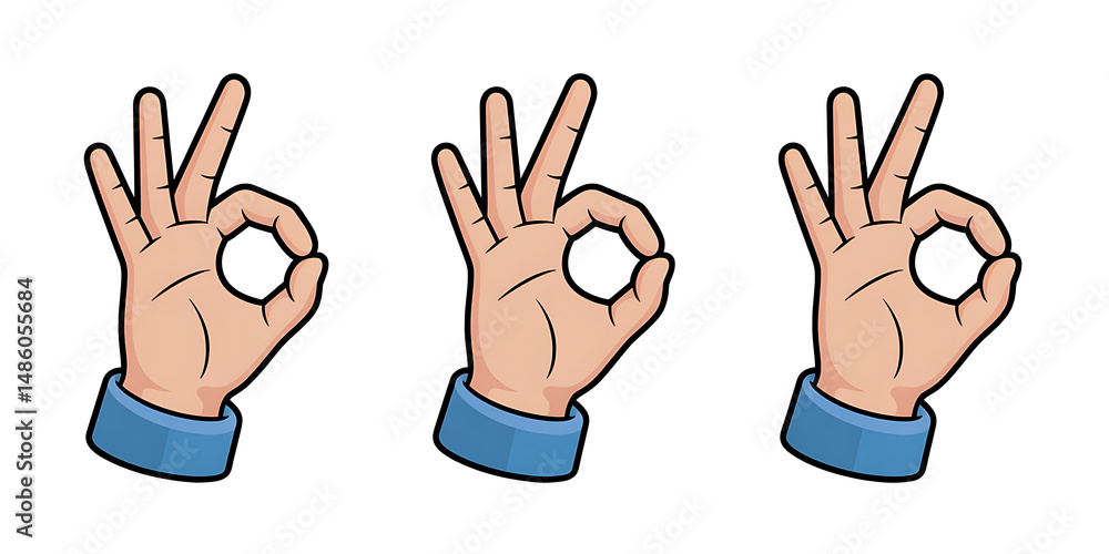 Fototapeta premium Ok sign icon set, okay gesture. Hand with blue sleeve and simple hand shows ok sign. Cartoon plastic 