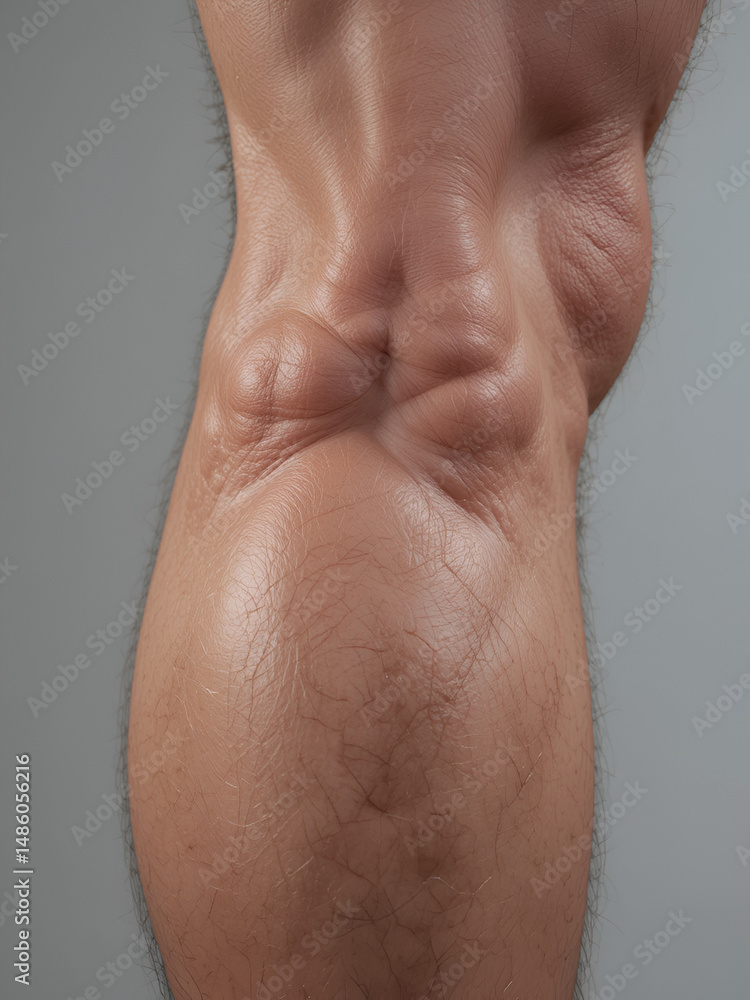 Fototapeta premium Close-up of a toned and muscular human calf, highlighting the soleus muscle, with a subtle shine and defined texture on a neutral background.