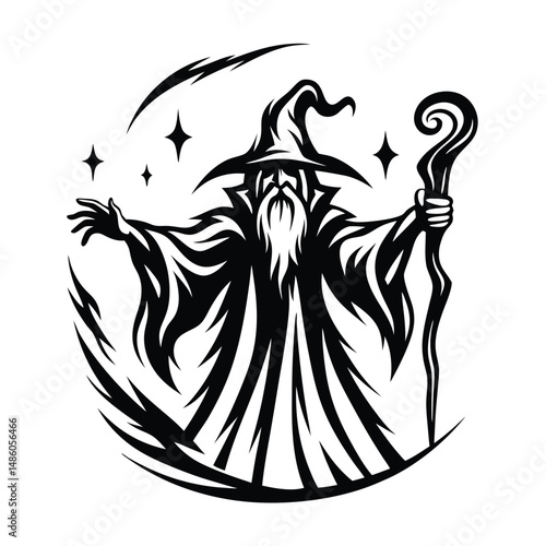 Silhouette Wizard with Staff, Pointing, Beard, Hat, Magic Circle, Stars, Black and White