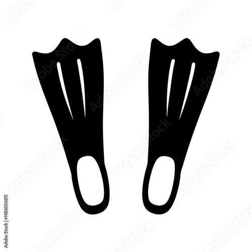 Isolated silhouette of black swimming fins for underwater activities, white background