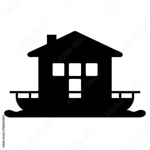 Black silhouette of a house boat with four windows and chimney