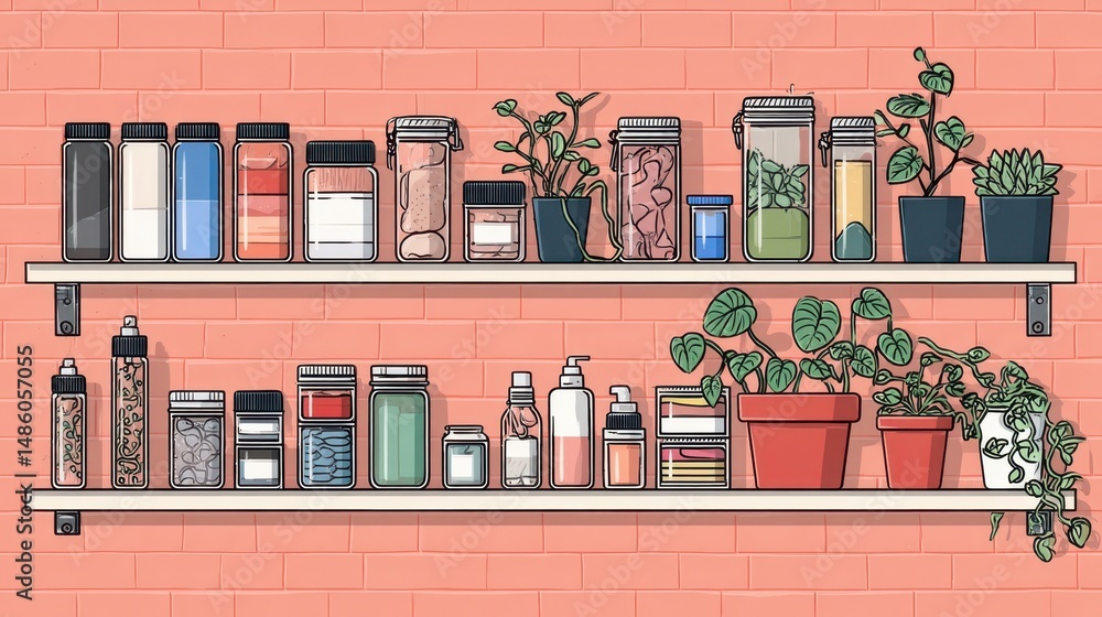 Naklejka premium Organized kitchen shelves with various containers and plants.