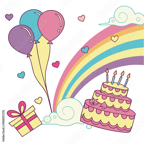 Whimsical Birthday Celebration: Colorful Cake, Balloons, and Rainbow with Gift and Hearts in Playful Illustration