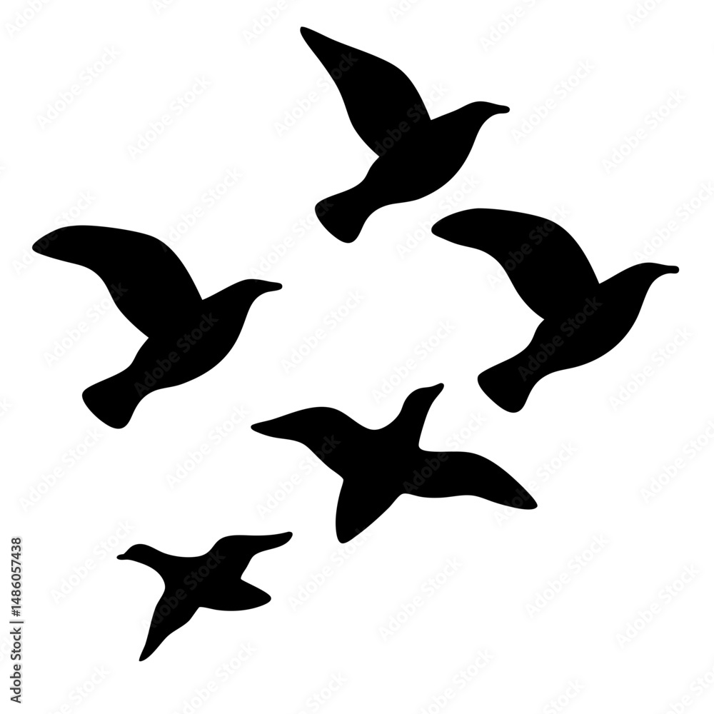 Fototapeta premium Five Birds Silhouetted Against a White Sky, Graceful and Elegant Flight