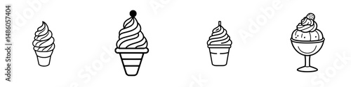 Delicious frozen dessert vector illustrations featuring soft serve cones and bowls for summer treats and celebrations