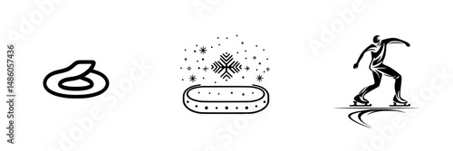 Vector illustration icons featuring curling, snowflakes, and ice skating activities in a winter-themed design