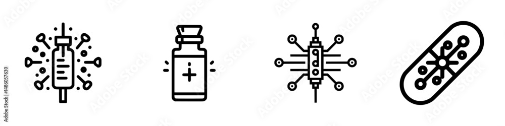 Vector illustration icons representing medical tools for vaccination and health care with a modern design style