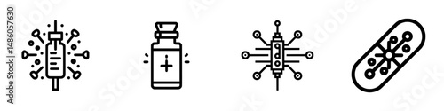 Vector illustration icons representing medical tools for vaccination and health care with a modern design style