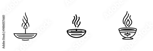Various vector icons of incense burners with smoke rising in a minimalist style for spiritual and wellness themes