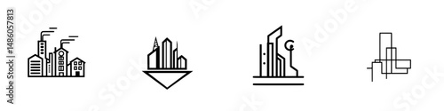 Vector illustration of urban skyline and architectural icons showcasing industrial and modern buildings in a minimalist style