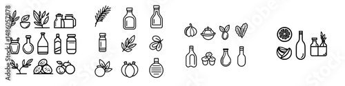 Vector illustration of kitchen ingredients and condiments with various bottles, herbs, and fruits for culinary themed designs