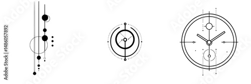 Black and white vector illustration featuring abstract geometric shapes and a clock design with circular patterns