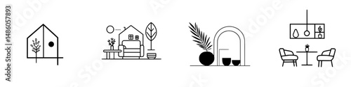 Stylish vector icons depicting home interior designs and outdoor elements for modern living spaces