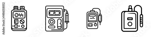 Vector illustration icons of various medical devices used for monitoring and diagnostics in healthcare settings
