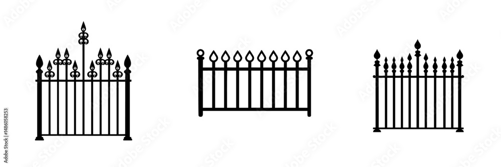 Vector illustration of decorative iron fence designs showcasing three distinct styles for architecture and landscape aesthetics Vector illustration of decorative iron fence designs showcasing three distinct styles for architecture and landscape aesthetics