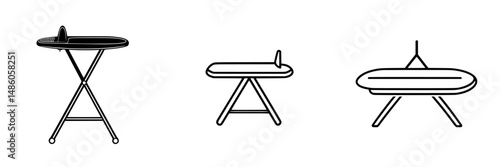 Multiple vector illustrations of ironing boards in various designs and styles for home use and laundry activities