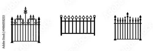 Vector illustration of decorative iron fence designs showcasing three distinct styles for architecture and landscape aesthetics