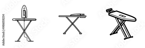 Vector illustration icons of various ironing boards and steam irons in simple design suitable for home decor or instructional material