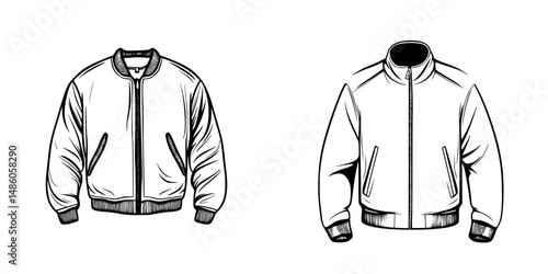 Vector illustration of two stylish bomber jackets showcasing different designs for casual fashion enthusiasts
