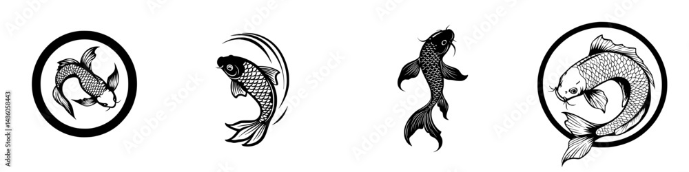 Fototapeta premium Vector illustration of four koi fish in circular designs showcasing different swimming motions and artistic styles