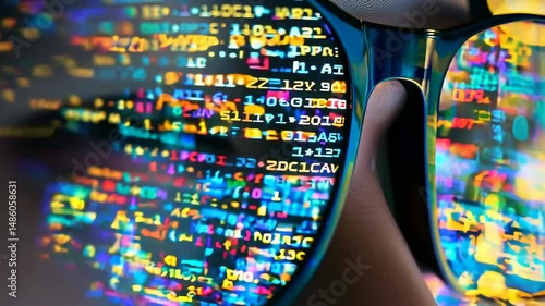 close up of a eyeglasses of programer or hacker to analysis data and coding Ai photo