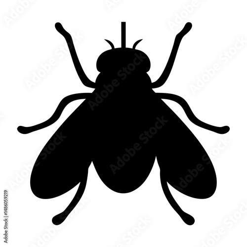 Black silhouette illustration of a common housefly insect isolated on white backdrop