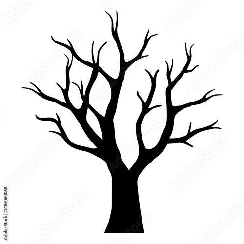 Silhouette of a barren tree against a white background in winter