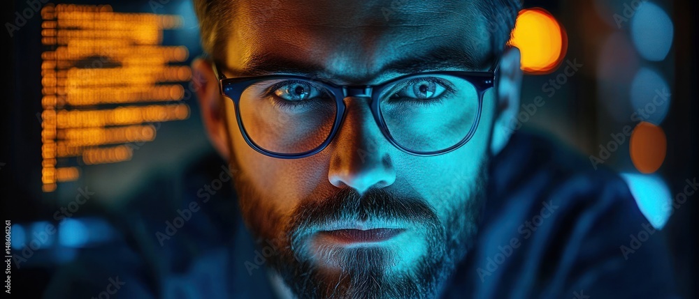 Close-up of a focused man with glasses working intensely in a dimly lit room with blue and orange light reflections and blurred code on a screen in the background Close-up of a focused man with glasses working intensely in a dimly lit room with blue and orange light reflections and blurred code on a screen in the background
