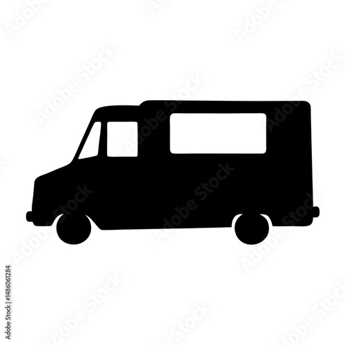 Silhouette of a black food truck or utility van on white background