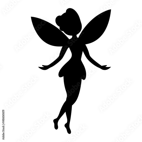 Elegant black silhouette of a graceful fairy with delicate wings, floating gently