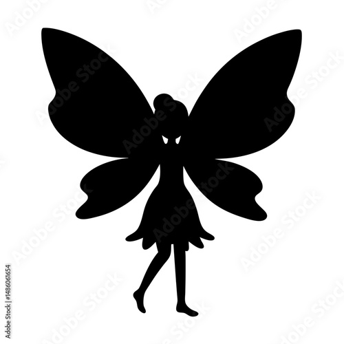 Silhouette of a magical fairy with large wings and charming silhouette