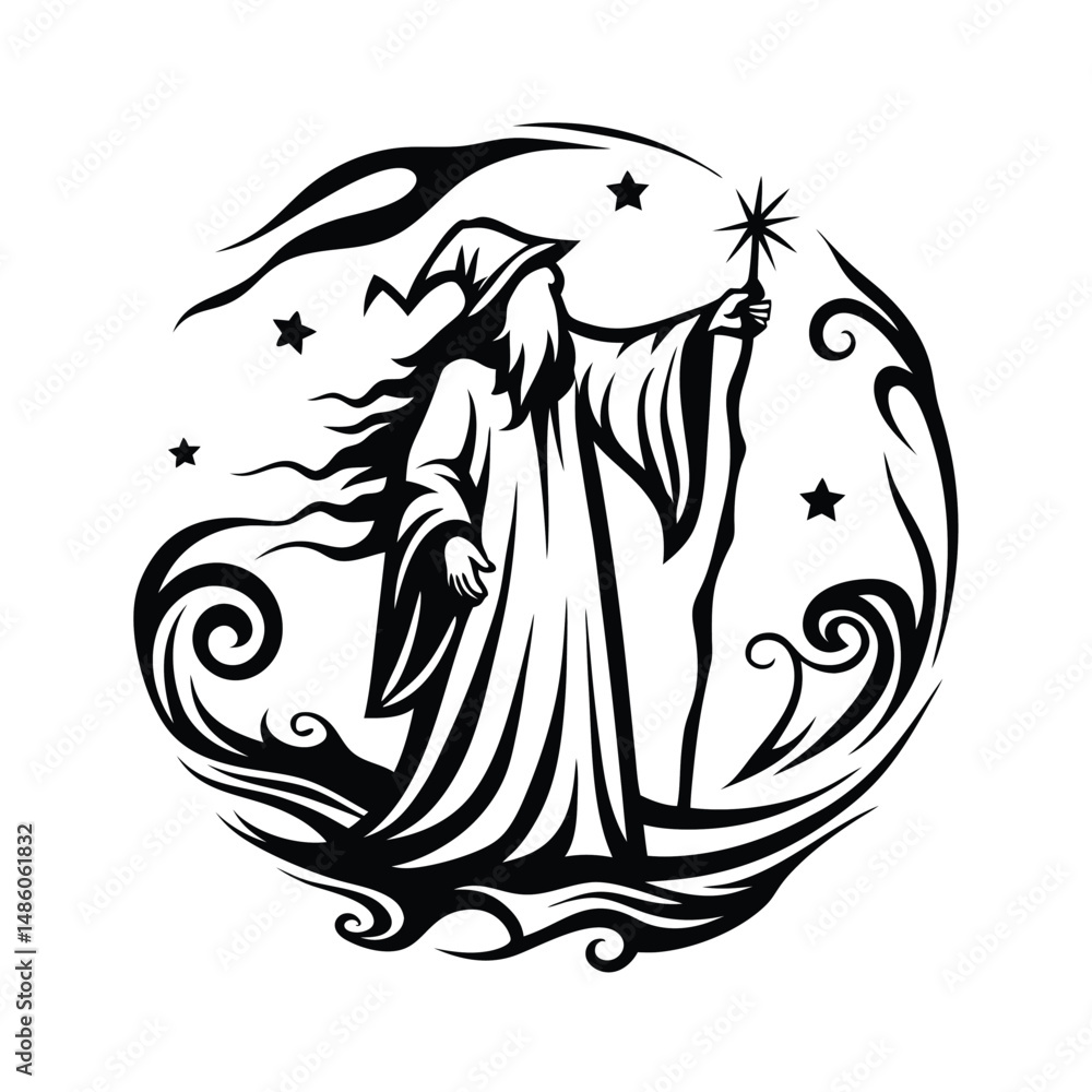 Fototapeta premium Wizard Silhouette Holds Starry Wand, Long Robe, Pointed Hat, Fantasy Circle, Black & White