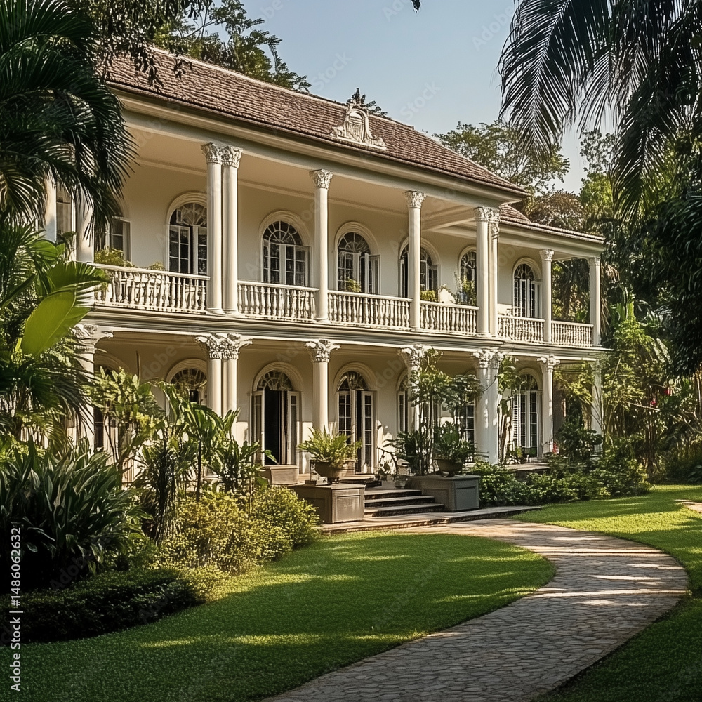Fototapeta premium Classical Mansion with Lush Green Gardens