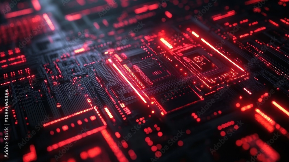 Close-up view of a futuristic digital circuit board with glowing red lights and intricate electronic pathways conveying advanced technology and innovation Close-up view of a futuristic digital circuit board with glowing red lights and intricate electronic pathways conveying advanced technology and innovation