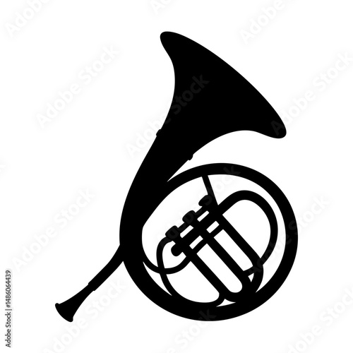 Silhouette image of a French horn musical instrument on white background