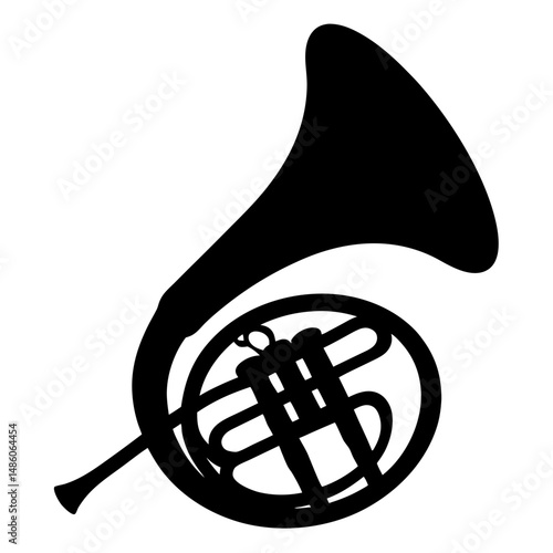 Silhouette of a French Horn, a Brass Musical Instrument, in Black