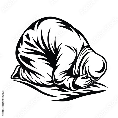 Silhouette of an Asian Male Prostrating on a Mat with Hands Extended in Black and White