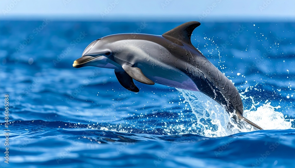 Fototapeta premium Dolphin Leaping From Blue Ocean Water Creating Dynamic Action Scene Sunlight