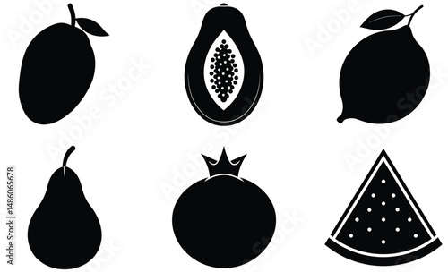 Tropical & Exotic Fruits Combo Set Silhouette – Vector Illustration of Diverse Organic Shapes for Healthy Food, Botanical, Summer, and Culinary Design Projects