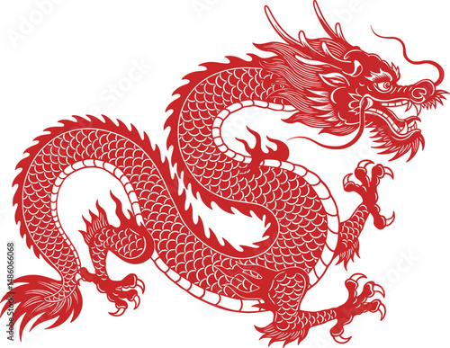 Traditional Red Chinese Dragon Silhouette with Zodiac Symbol and Crawling Details – Celebrating Lunar New Year in Asian Culture