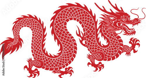 Traditional Red Chinese Dragon Silhouette with Zodiac Symbol and Crawling Details – Celebrating Lunar New Year in Asian Culture