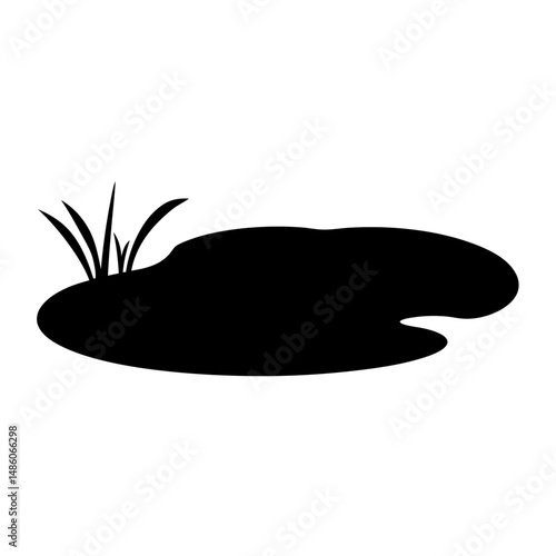 Black Silhouette of a Pond with Reeds, Peaceful Nature Element