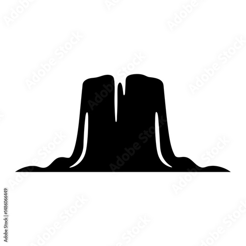 Stylized black silhouette of Devils Tower National Monument against white background