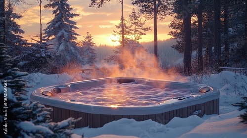 Fototapeta Naklejka Na Ścianę i Meble -  Steaming outdoor hot tub surrounded by snow-covered trees at sunset in a serene winter forest scene
